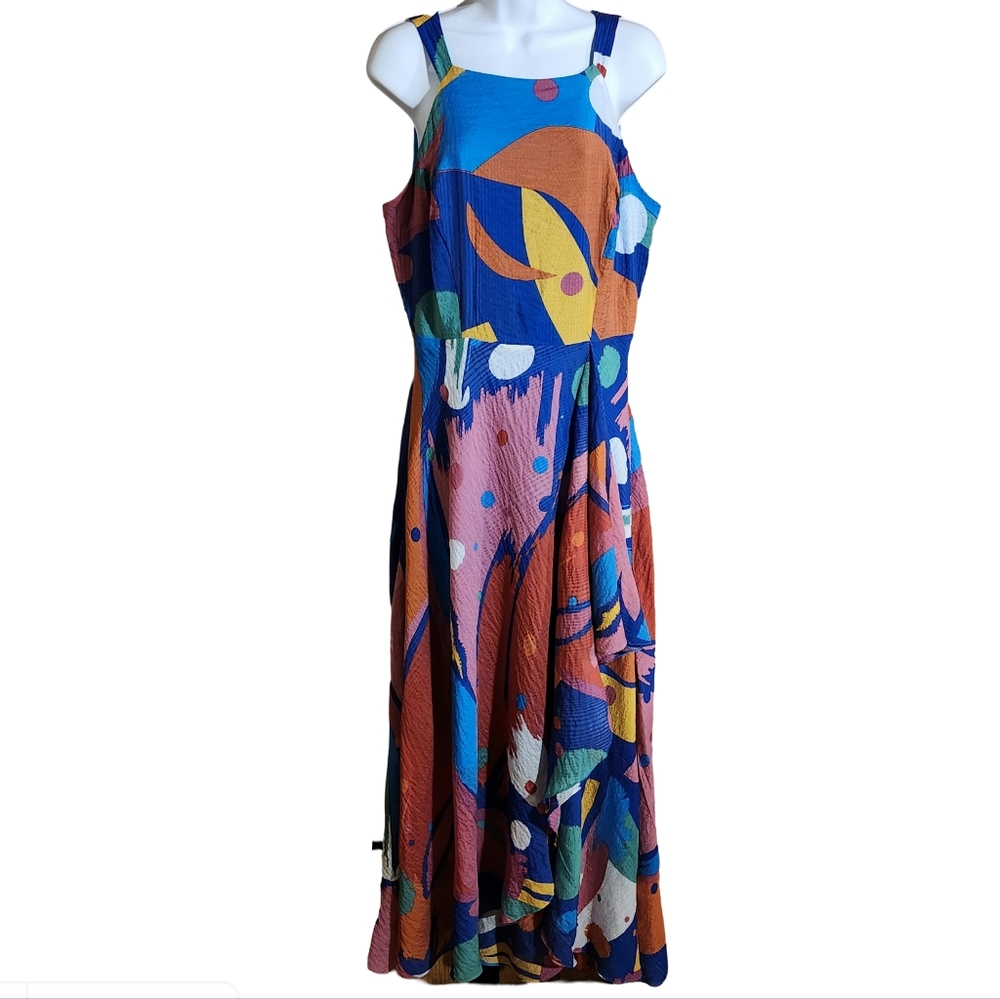 Multi colored blue/pink sz L Maxi dress,open back, front ruffle detail, Informal